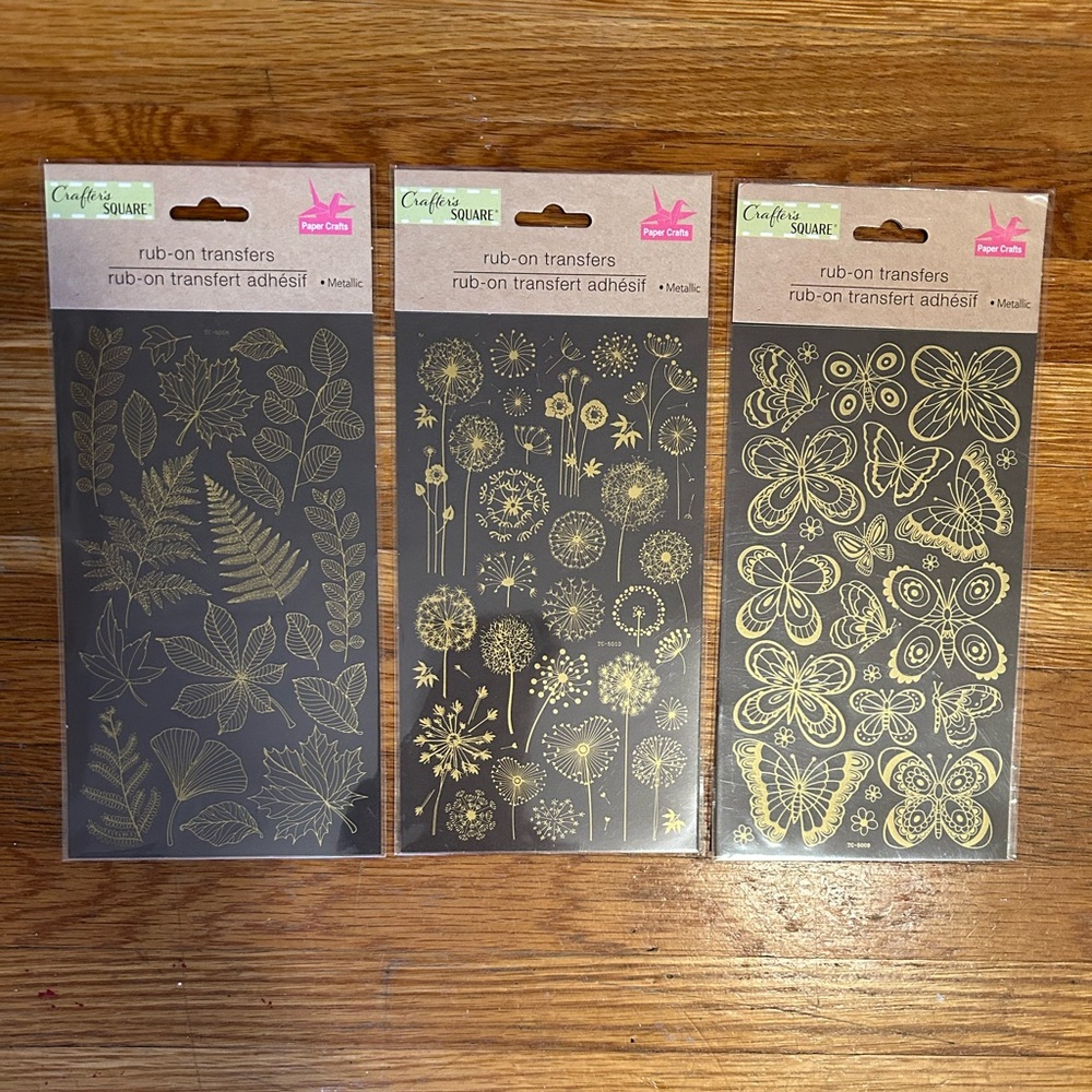 Set of three gold crafters square rub on transfers for crafting.